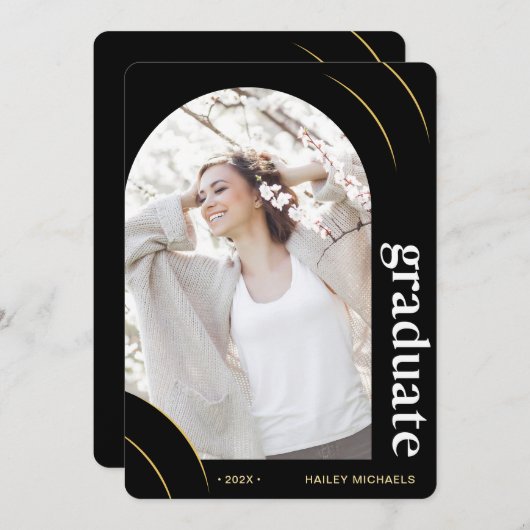 ブラックとゴールドのアーチ写真 卒業パーティー 招待状 (正面/裏面)
