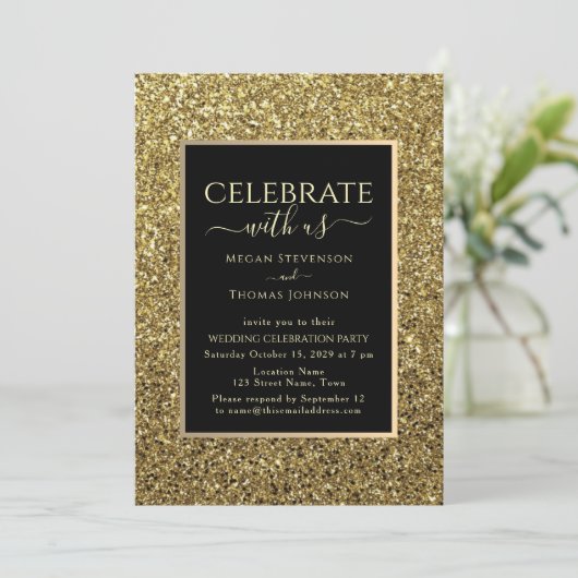 ブラックとゴールドのウェディング レセプション 招待状 (スタンド正面)