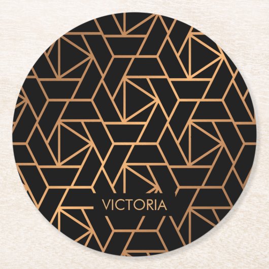 ブラックとゴールドのエレガントなパターン ラウンドペーパーコースター (正面)