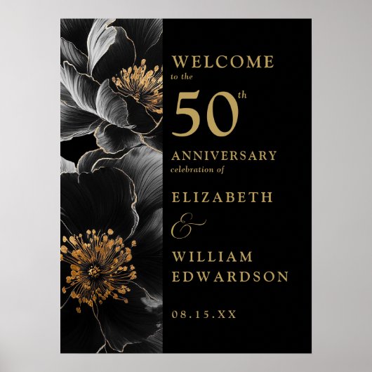 ブラックとゴールドのエレガントなフラワー50周年サイン ポスター (正面)