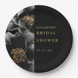 ブラックとゴールドのエレガントなモダン フラワー ブライダル シャワー ペーパープレート