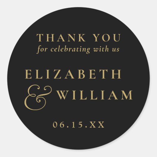 ブラックとゴールドのエレガントなモノグラム結婚式お礼 ラウンドシール (正面)