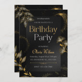 ブラックとゴールドのエレガントな花の誕生日パーティーの招待状 招待状 (正面/裏面)