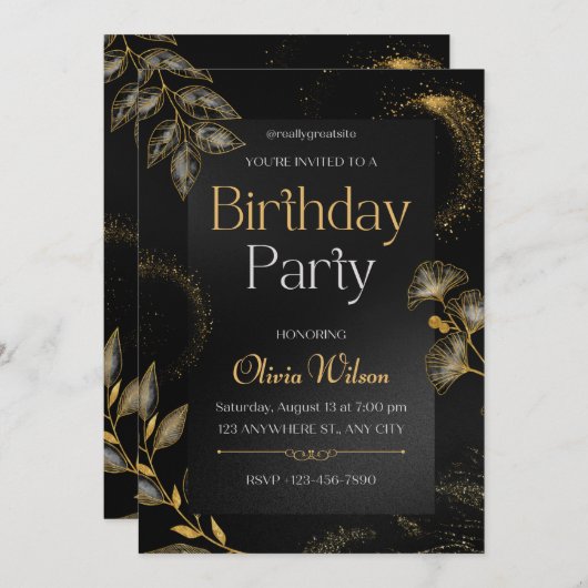 ブラックとゴールドのエレガントな花の誕生日パーティーの招待状 招待状 (正面/裏面)