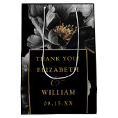 ブラックとゴールドのエレガントな花柄の結婚式のお礼 ミディアムペーパーバッグ (裏面)