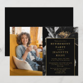 ブラックとゴールドのエレガントな花柄の退職パーティーの写真 招待状 (正面/裏面)