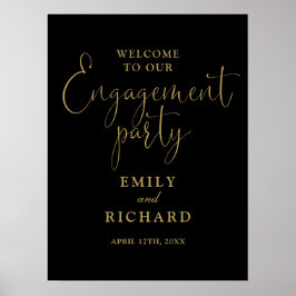 ブラックとゴールドのエンゲージメントパーティー ウェルカムサイン ポスター