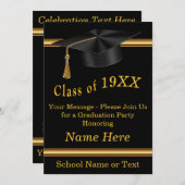 ブラックとゴールドのカスタマイズ可能な卒業式招待状 招待状 (正面/裏面)