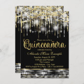 ブラックとゴールドのキンセアニエラ グリッター グラム スパークル 招待状 (正面/裏面)