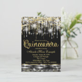 ブラックとゴールドのキンセアニエラ グリッター グラム スパークル 招待状 (スタンド正面)