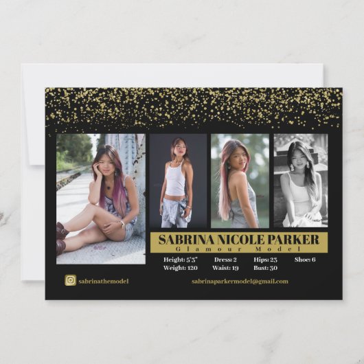 ブラックとゴールドのグリッター写真コンポジットカード 招待状 (正面)