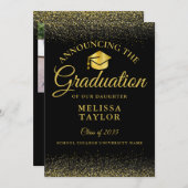 ブラックとゴールドのグリッター写真 卒業 案内状 (正面/裏面)