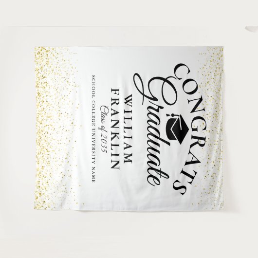 ブラックとゴールドのグリッター卒業写真用背景 タペストリー (正面(横))