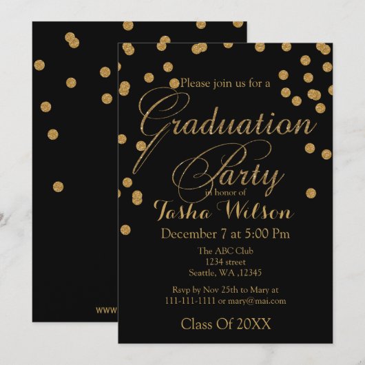 ブラックとゴールドのグリッター卒業招待状 招待状 (正面/裏面)
