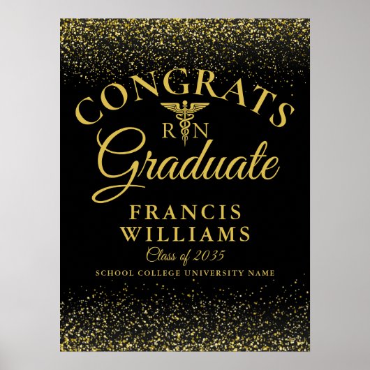 ブラックとゴールドのグリッター看護卒業サイン ポスター (正面)