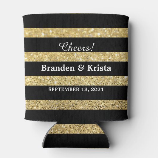 ブラックとゴールドのグリッター ストライプ | ウェディング 缶クーラー (裏面)