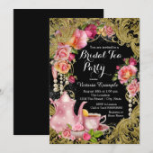 ブラックとゴールドのグリッター ローズ ティーパーティー 招待状 (正面/裏面)