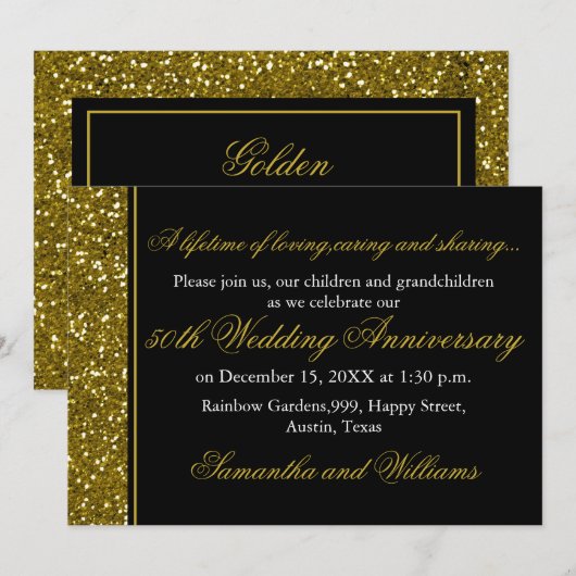 ブラックとゴールドのグリッター 50周年記念 結婚50周年 招待状 (正面/裏面)