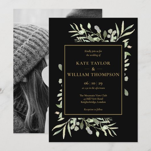 ブラックとゴールドのグリーン 葉の写真 ウェディング 招待状 (正面/裏面)