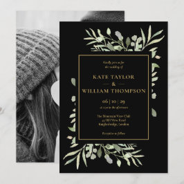 ブラックとゴールドのグリーン 葉の写真 ウェディング 招待状