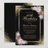 ブラックとゴールドのコンフェッティ ブッシュ フラワー 60歳の誕生日 招待状 (正面/裏面)