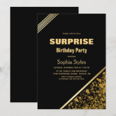 ブラックとゴールドのサプライズバースデーパーティー 招待状 (正面/裏面)