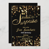 ブラックとゴールドのサプライズ招待状（QRコードでの出欠確認付き） 招待状 (正面/裏面)