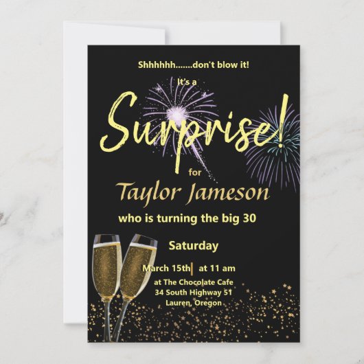 ブラックとゴールドのサプライズ ワイングラス 招待状 (正面)