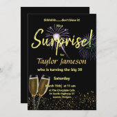 ブラックとゴールドのサプライズ ワイン グラス 招待状 (正面/裏面)