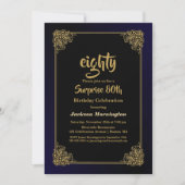 ブラックとゴールドのサプライズ 80歳の誕生日パーティー 招待状 (正面)