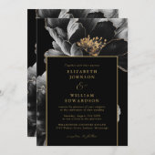 ブラックとゴールドのシックでエレガントな花モチーフのQRコード付き結婚式招待状 招待状 (正面/裏面)