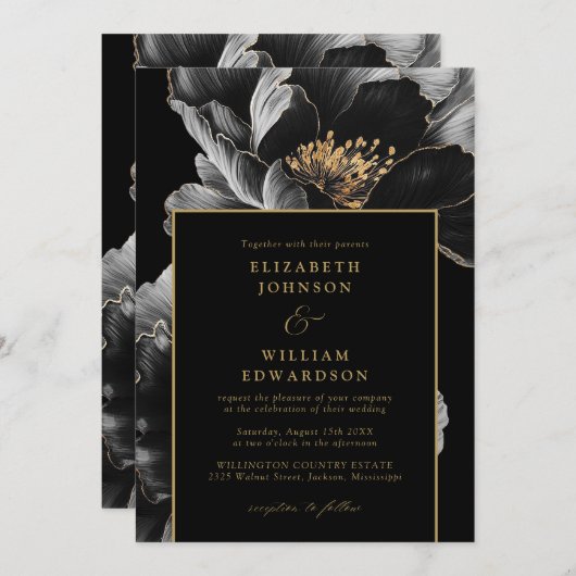ブラックとゴールドのシックでエレガントな花モチーフのQRコード付き結婚式招待状 招待状 (正面/裏面)