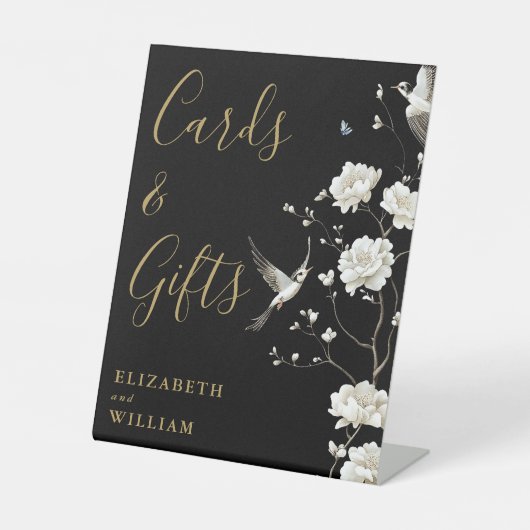 ブラックとゴールドのシノワズリー フラワー カード & ギフト 台座サイン (正面)