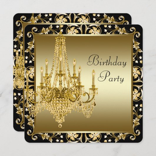 ブラックとゴールドのシャンデリア 誕生日パーティー 招待状 (正面/裏面)