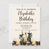 ブラックとゴールドのシャンパン誕生日パーティー 招待状 (正面)