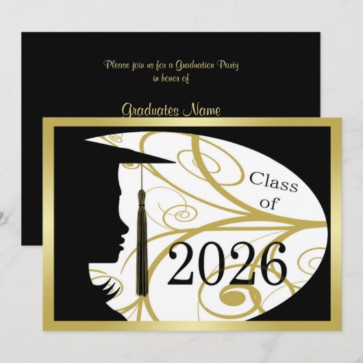 ブラックとゴールドのシルエット 2026年卒業パーティー 招待状 (正面/裏面)