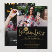 ブラックとゴールドのスクリプト 卒業パーティー 2 枚の写真 招待状 (正面/裏面)