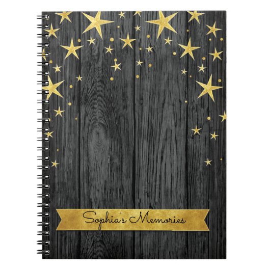 ブラックとゴールドのスタースタイリッシュな思い出の本 ノートブック (正面)