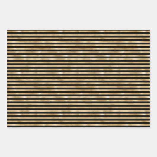 ブラックとゴールドのストライプ ウェディング ブライダル バースデー ラッピングペーパーシート (正面3)