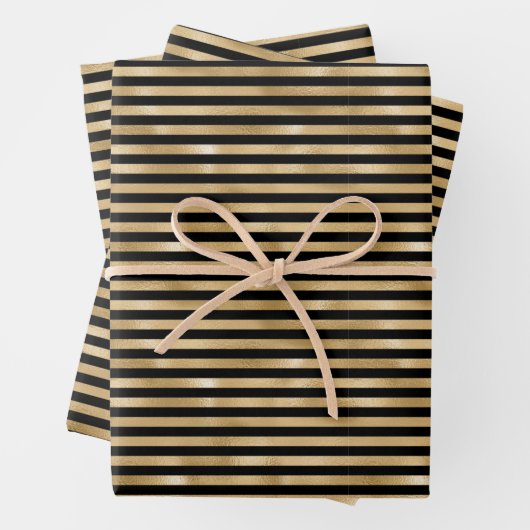 ブラックとゴールドのストライプ ウェディング ブライダル バースデー ラッピングペーパーシート (インサイチュ)