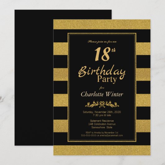 ブラックとゴールドのストライプ 18歳の誕生日パーティー 招待状 (正面/裏面)