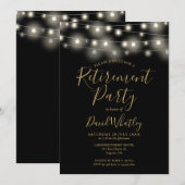 ブラックとゴールドのストリングライト 退職パーティー 招待状 (正面/裏面)