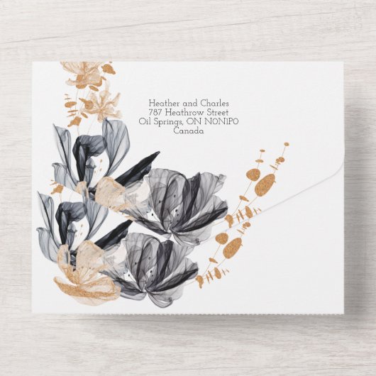 ブラックとゴールドのスモークフラワー オールインワン招待状 (裏面)