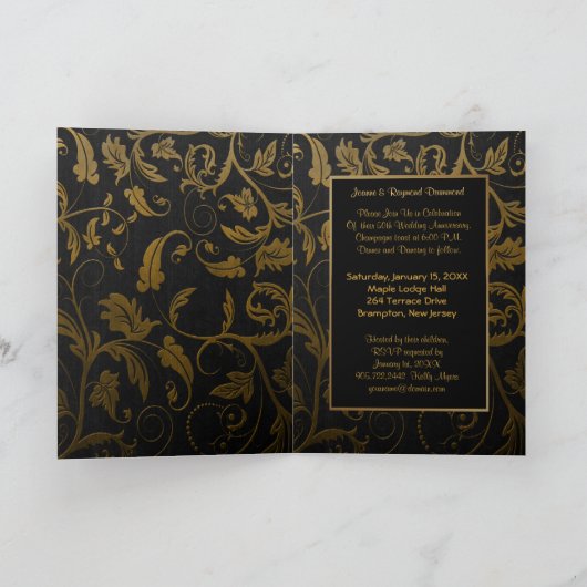 ブラックとゴールドのダマスク 50周年結婚記念日 招待状 (内部)