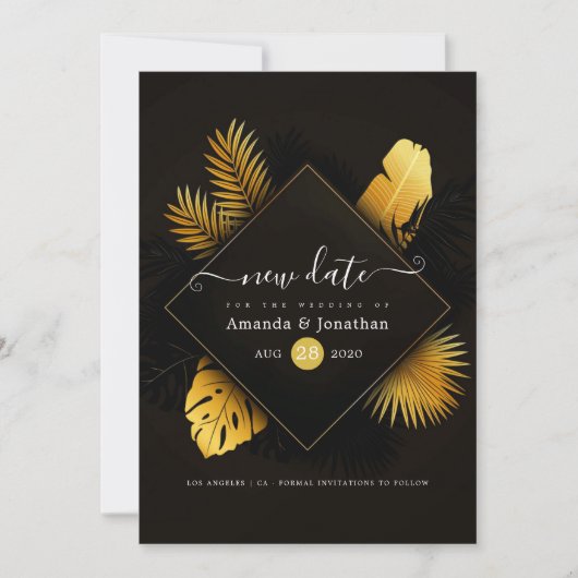ブラックとゴールドのデザインで日程変更のお知らせ 保存日付 セーブザデート (正面)