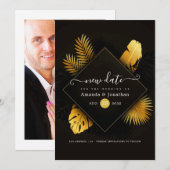 ブラックとゴールドのデザインで日程変更のお知らせ 保存日付 セーブザデート (正面/裏面)