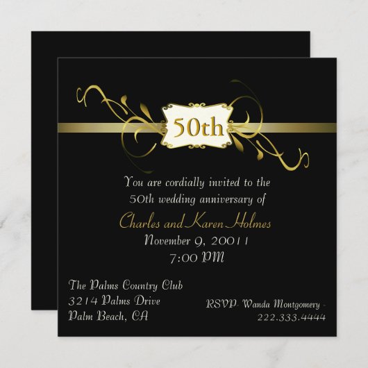 ブラックとゴールドのトーンの結婚記念日招待状 招待状 (正面/裏面)