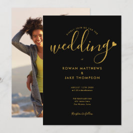 ブラックとゴールドのハート エレガント スクリプト フォト ウェディング 招待状