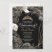 ブラックとゴールドのバラとティアラのQuinceañera  招待状 (正面)