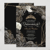 ブラックとゴールドのバラとティアラのQuinceañera  招待状 (正面/裏面)